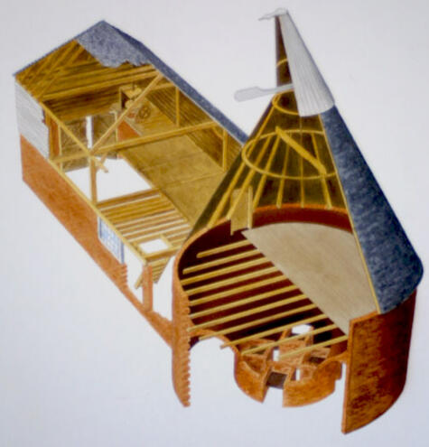 Oasthouse construction for the final exam btec in Technical Illustration piece from two dimensional plans .Personal portfolio.